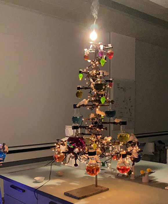 Klasse 1d des Gymnasiums Kirschgarten mit ihrer Chemie-Lehrerein Kyra: er leuchtet unter UV dank selbst hergestelltem Fluorescein. Die Spitze besteht aus einem Magnesiumstern, der nicht nur den ChemisTree, sondern das gesamte Schullabor erleuchtet!