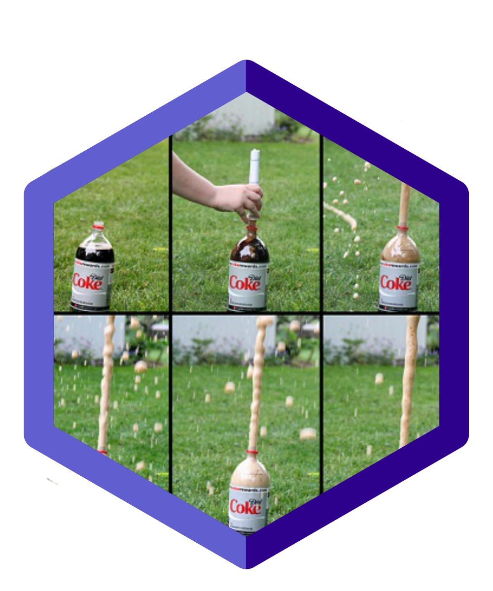 Cola-Mentos-Experiment mit aufsteigender Cola-Fontäne aus einer Flasche auf einer Wiese